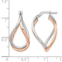 Two-tone twisted hoop earrings in silver and rose gold with a teardrop shape, shown next to a measurement scale.
