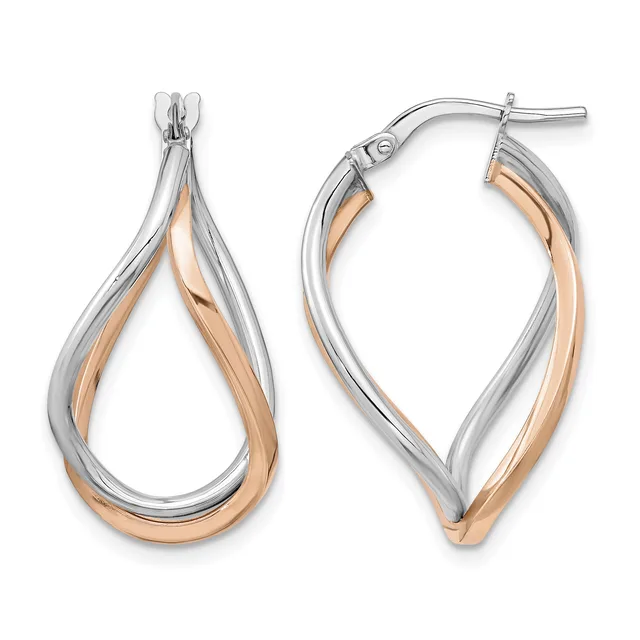 Two-tone twisted hoop earrings with rose gold and silver intertwined strands, shown from front and side views with hinged closures.