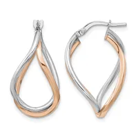 Two-tone twisted hoop earrings with rose gold and silver intertwined strands, shown from front and side views with hinged closures.