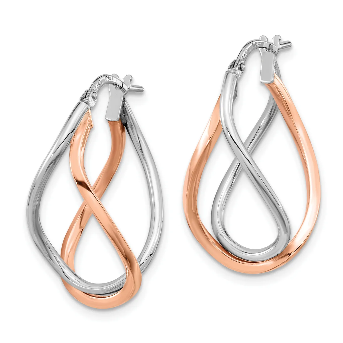 A pair of two-tone hoop earrings with intertwined silver and rose gold bands, featuring post and clutch closures.
