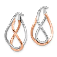 A pair of two-tone hoop earrings with intertwined silver and rose gold bands, featuring post and clutch closures.