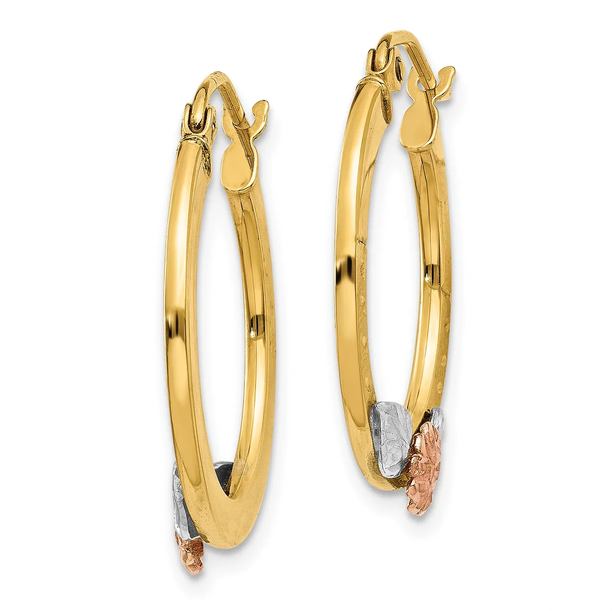 A pair of gold hoop earrings with two-tone finish featuring yellow gold outer surfaces and white and rose gold accents at the bottom, shown from the front.