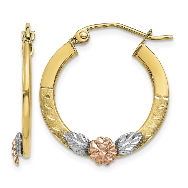 Pair of gold hoop earrings with textured and polished sections, featuring a rose gold flower and silver leaves at the bottom, shown from front and side views.