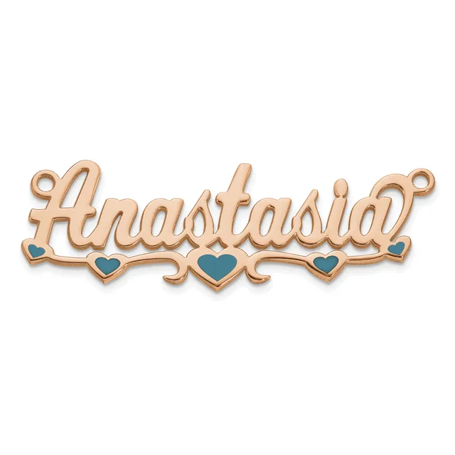 Rose gold pendant with script lettering and teal heart-shaped accents, featuring small loops at top for attachment.