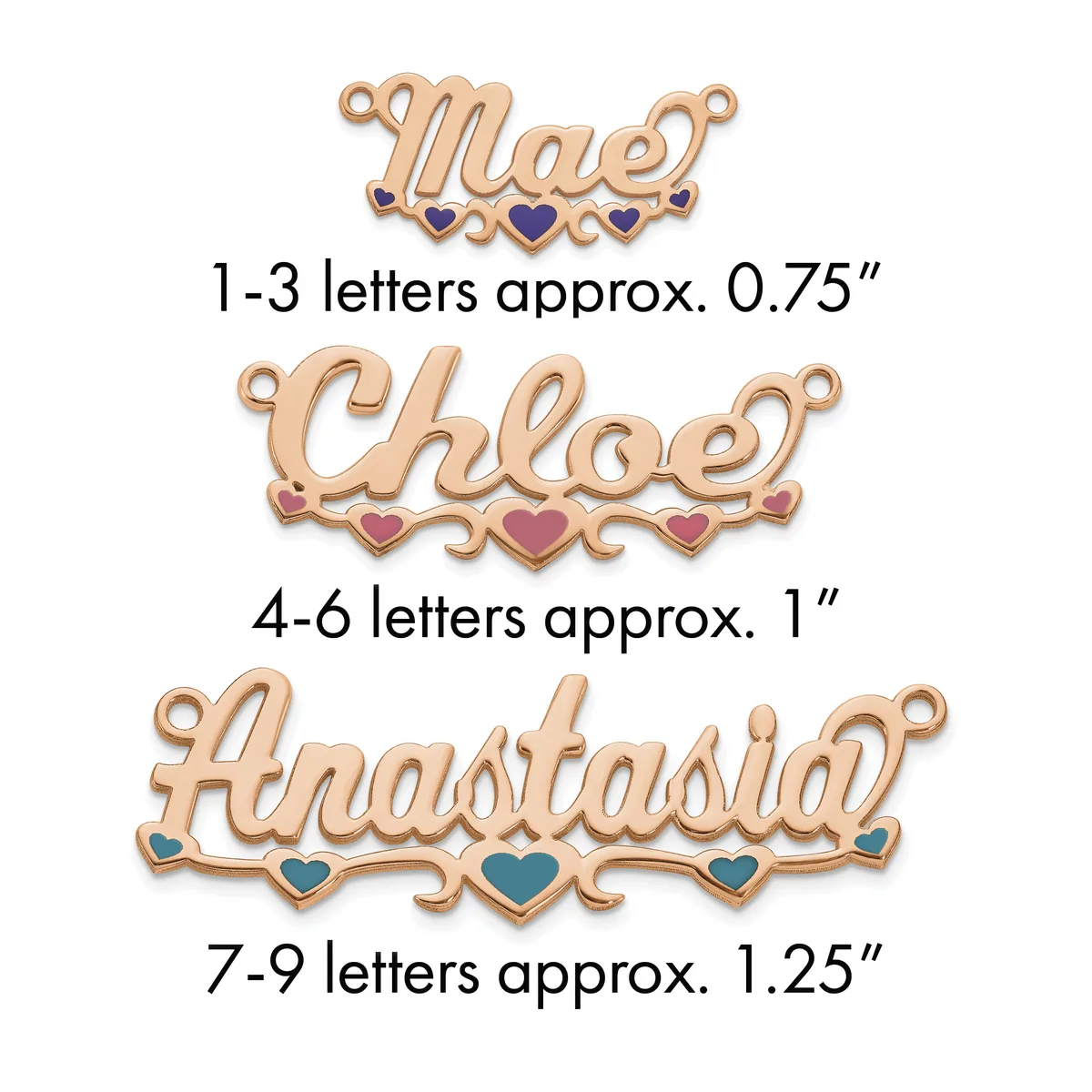 Three rose gold name pendants with decorative hearts in different sizes, labeled by letter count and approximate width measurements.
