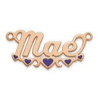 Rose gold pendant with the word "mom" in script lettering, decorated with five dark blue enamel hearts along the bottom and small loops at each end for attachment.