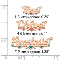 Three rose gold name charms with decorative hearts shown at actual size on a measurement scale, ranging from 0.75 inches for three letters to 1.25 inches for seven to nine letters.
