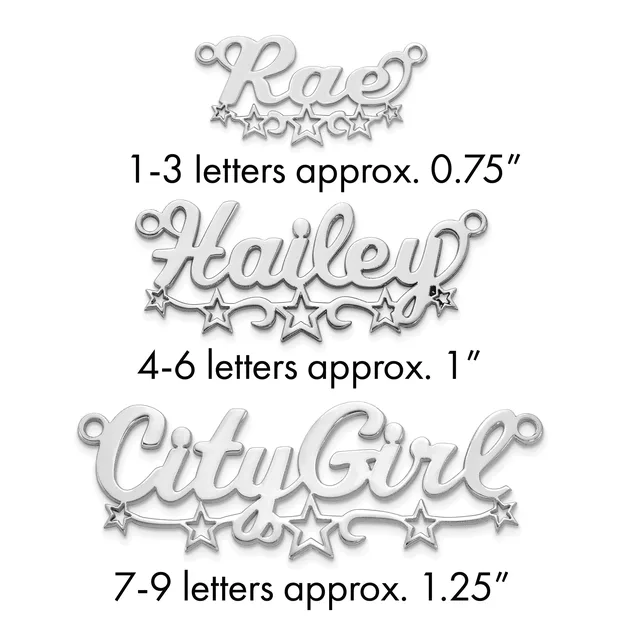 Three silver-toned metal pendants with names and decorative stars, ranging from approximately 0.75 to 1.25 inches in height.