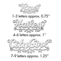 Three silver-toned metal pendants with names and decorative stars, ranging from approximately 0.75 to 1.25 inches in height.