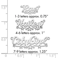 Three silver-toned name pendants with decorative stars displayed next to a ruler showing sizes ranging from 0.75 inches for 1-3 letters to 1.25 inches for 7-9 letters.