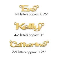 Three gold-toned metal name pendants with loops, labeled by letter count and approximate width: Eva at 0.75 inches, Kelly at 1 inch, and Catherine at 1.25 inches.
