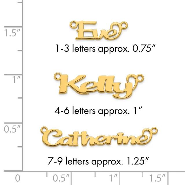 Three gold-colored name pendants of increasing size displayed against a measurement scale, showing sizing for 1-3 letters, 4-6 letters, and 7-9 letters.