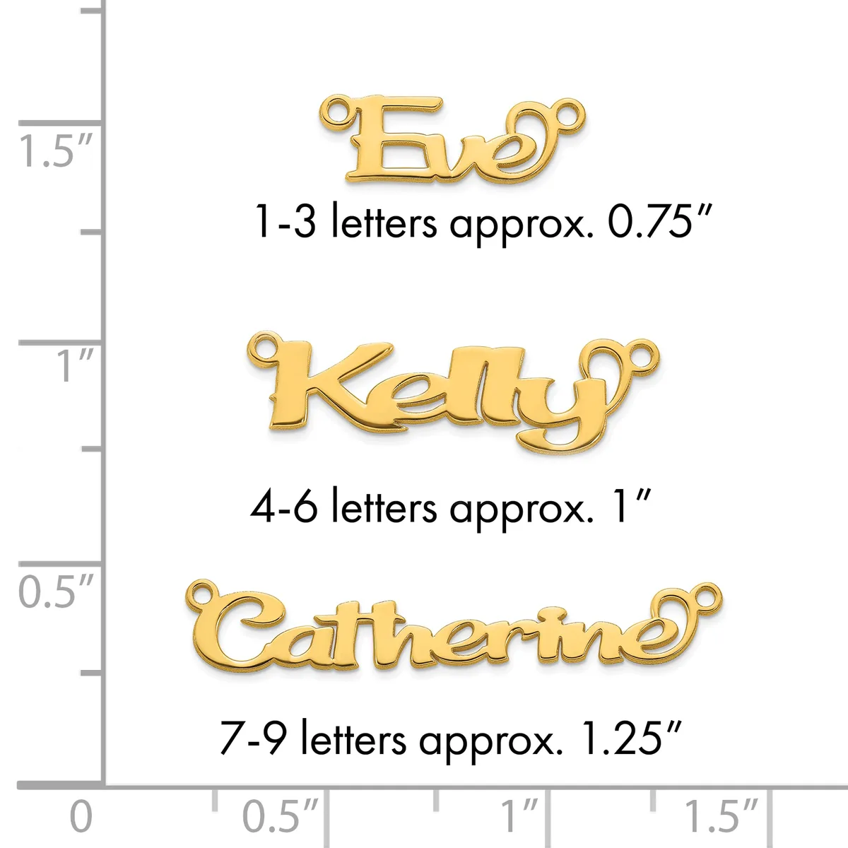 Three gold-colored name pendants of increasing size displayed against a measurement scale, showing sizing for 1-3 letters, 4-6 letters, and 7-9 letters.