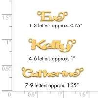 Three gold-colored name pendants of increasing size displayed against a measurement scale, showing sizing for 1-3 letters, 4-6 letters, and 7-9 letters.