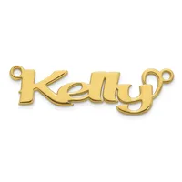 A gold-toned metal nameplate pendant spelling "Kelly" with small loops at each end for attachment.