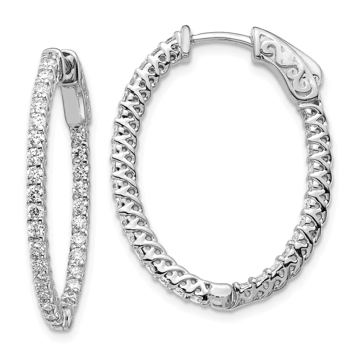 Two pairs of diamond hoop earrings in white metal, one with diamonds set along the entire surface and one with an ornate openwork design.