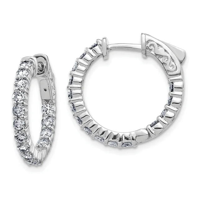Pair of white gold hoop earrings with round diamonds set along the inner and outer edges, shown from front and back views.