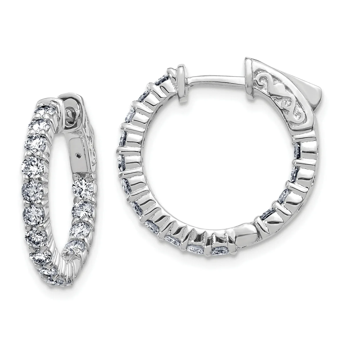 Pair of white gold hoop earrings with round diamonds set along the inner and outer edges, shown from front and back views.