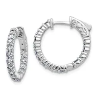 Pair of white gold hoop earrings with round diamonds set along the inner and outer edges, shown from front and back views.