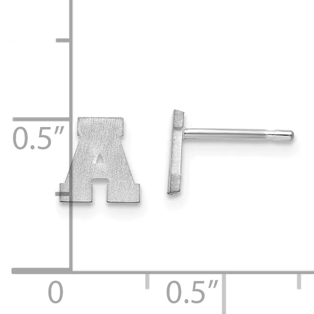 A pair of silver stud earrings shaped like the letter A, shown front and side view with a measurement scale indicating approximately 0.5 inches in height.