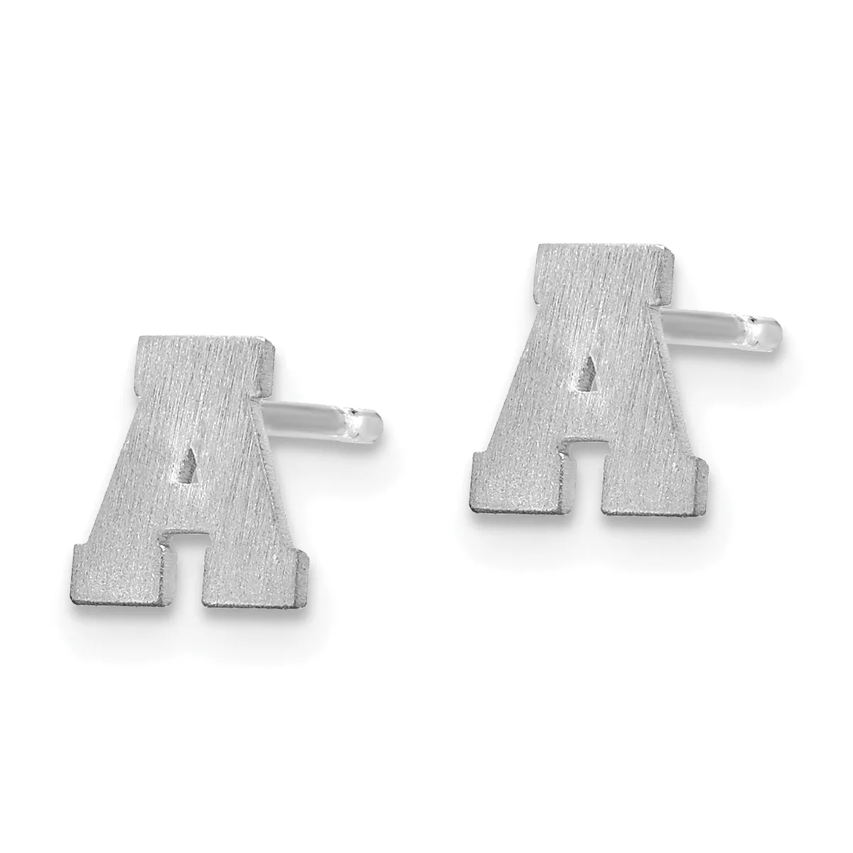 Pair of silver letter A stud earrings with a brushed finish and small posts, shown from the front.