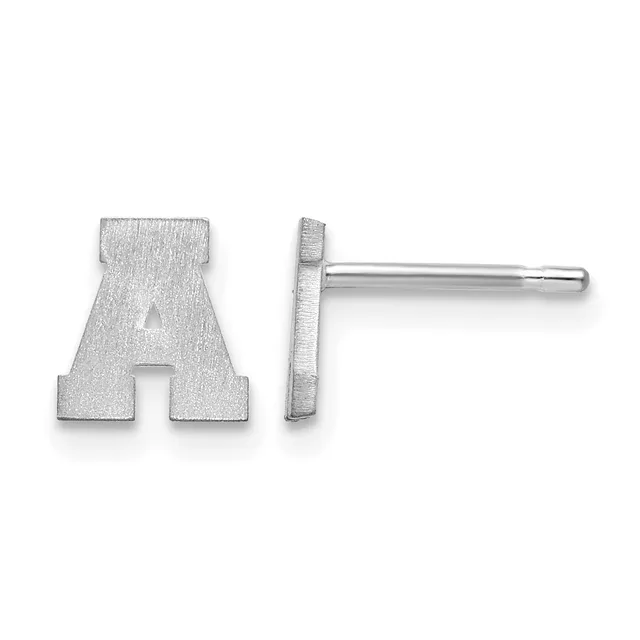 Pair of silver stud earrings shaped like the letter A, shown from front and side views, with posts and backs.