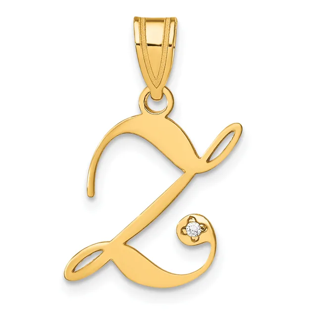Gold pendant shaped like the letter "L" with a small diamond set in a four-pointed flower motif near the bottom right, shown hanging from a bail.