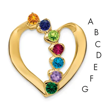 A gold heart-shaped pendant with seven colorful gemstones arranged vertically down the center, labeled A through G from top to bottom.