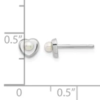 A pair of silver heart-shaped stud earrings with white pearl centers, shown front and side view against a measurement scale indicating approximately 0.5 inches in size.