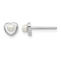 A pair of silver heart-shaped stud earrings with white pearls set in the center, shown from front and side views.