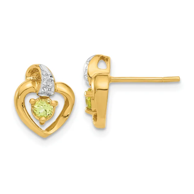 Pair of gold heart-shaped stud earrings with peridot gemstones and diamond accents, shown from front and side views.