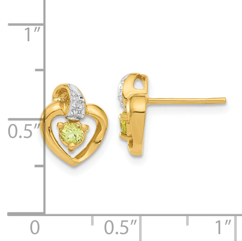 Two gold heart stud earrings with peridot gemstones and diamond accents, shown from front and side views next to a measurement scale.