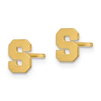 A pair of gold letter S stud earrings with a brushed finish and small posts, shown from the front.