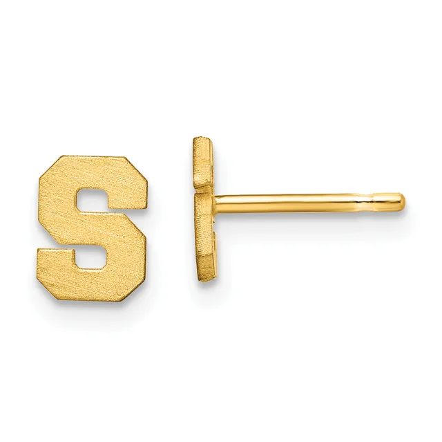 A pair of gold stud earrings shaped like the letter S with a brushed finish, shown from front and side views.