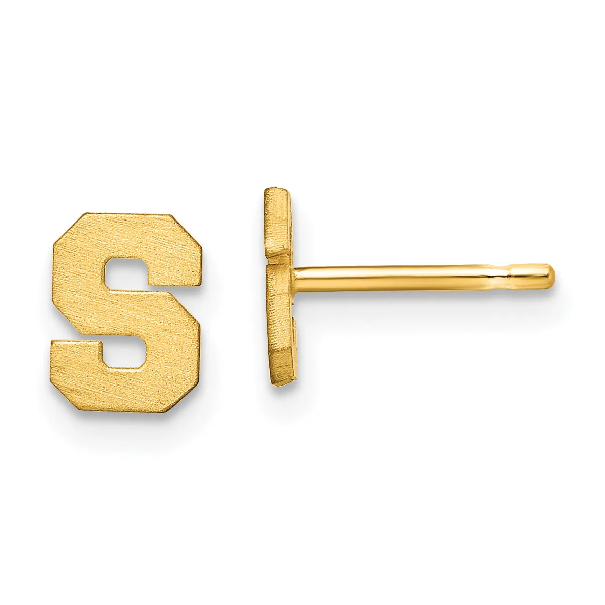 A pair of gold stud earrings shaped like the letter S with a brushed finish, shown from front and side views.