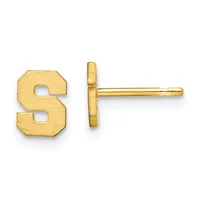 A pair of gold stud earrings shaped like the letter S with a brushed finish, shown from front and side views.