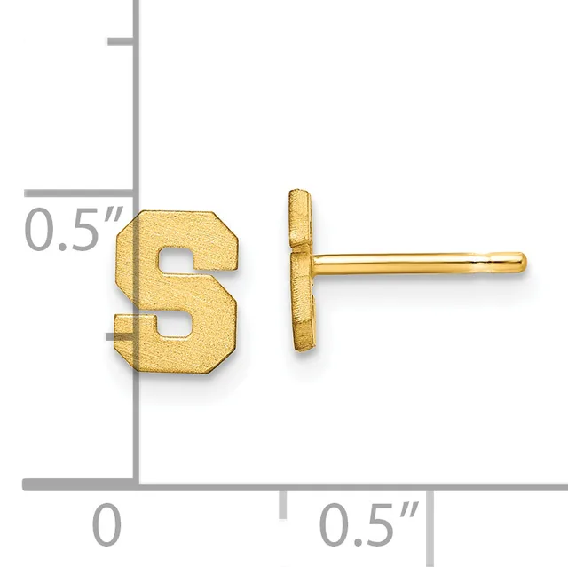 Gold-colored letter S stud earrings shown next to a ruler indicating approximately 0.5 inches in size.