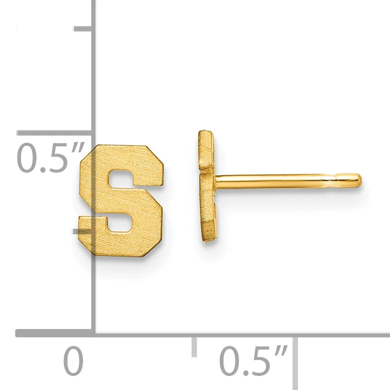 Gold-colored letter S stud earrings shown next to a ruler indicating approximately 0.5 inches in size.