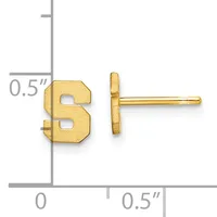 Gold-colored letter S stud earrings shown next to a ruler indicating approximately 0.5 inches in size.