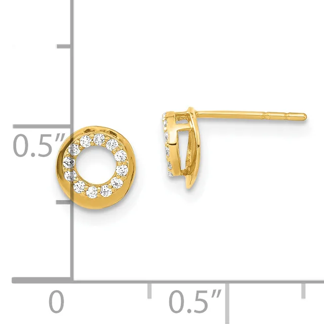 Pair of gold circular stud earrings with diamond accents around the center opening, shown with a measurement scale indicating approximately 0.5 inches in diameter.