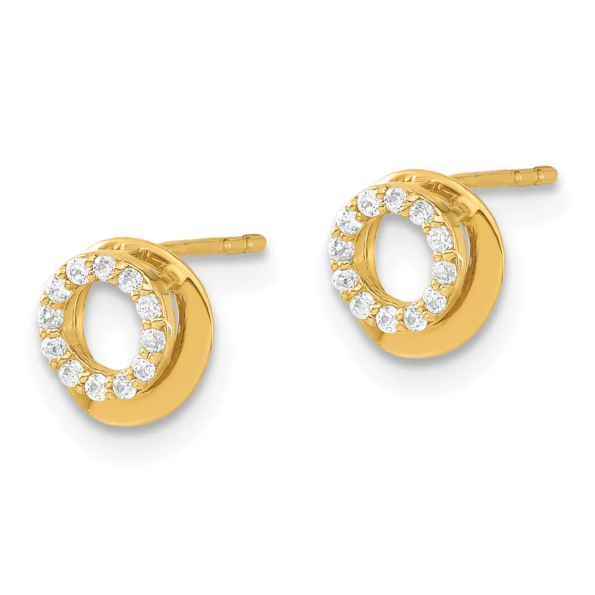 Pair of gold-tone circular stud earrings with cubic zirconia stones set around the outer edge of each hoop.