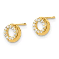 Pair of gold-tone circular stud earrings with cubic zirconia stones set around the outer edge of each hoop.