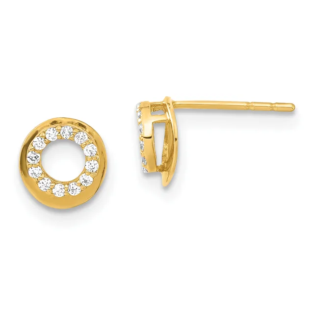 A pair of gold circular stud earrings with cubic zirconia stones arranged around the outer edge, shown from front and side views.