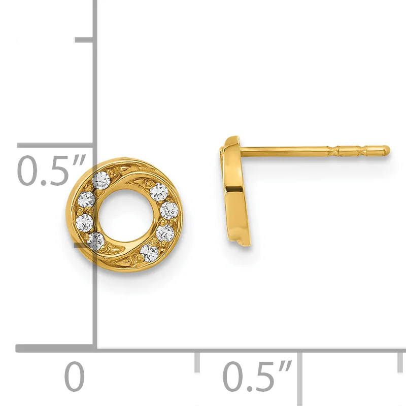 A pair of gold circle stud earrings with cubic zirconia stones arranged around the rim, shown with a measurement scale indicating 0.5 inch diameter.