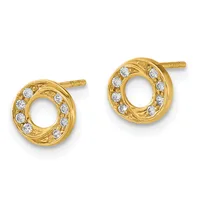 A pair of gold circular stud earrings with open centers, decorated with small round diamonds set around the outer edges, displayed against a white background.