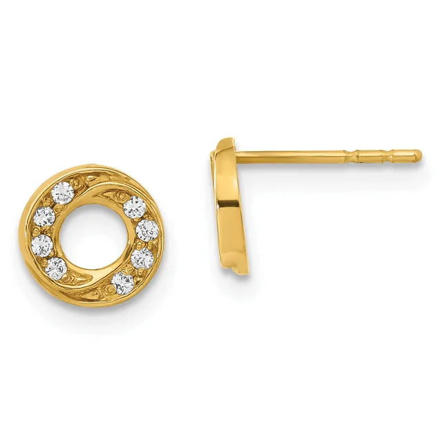 A pair of gold stud earrings featuring circular frames with open centers, each set with small round diamonds and displayed from front and side views.
