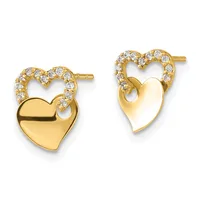 A pair of gold heart-shaped stud earrings with diamond-set curved tops and polished solid heart bottoms, shown from front and back views.