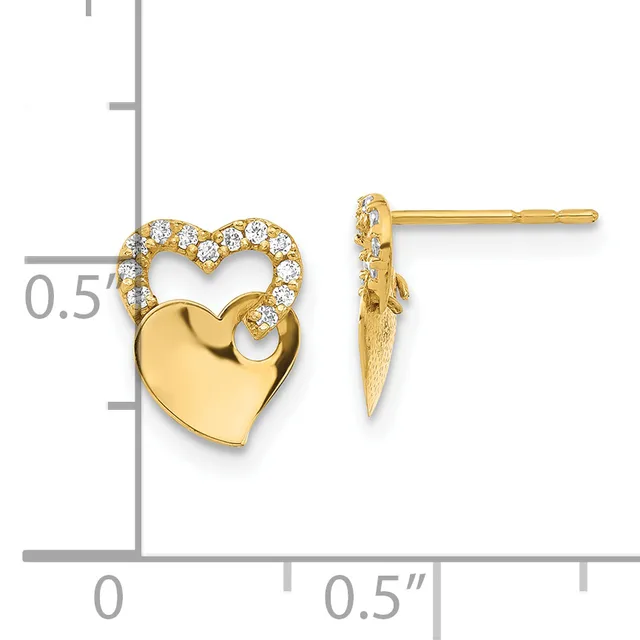 Pair of gold heart stud earrings with diamond accents along the upper curved edge and a polished solid heart below, shown on a measurement scale.