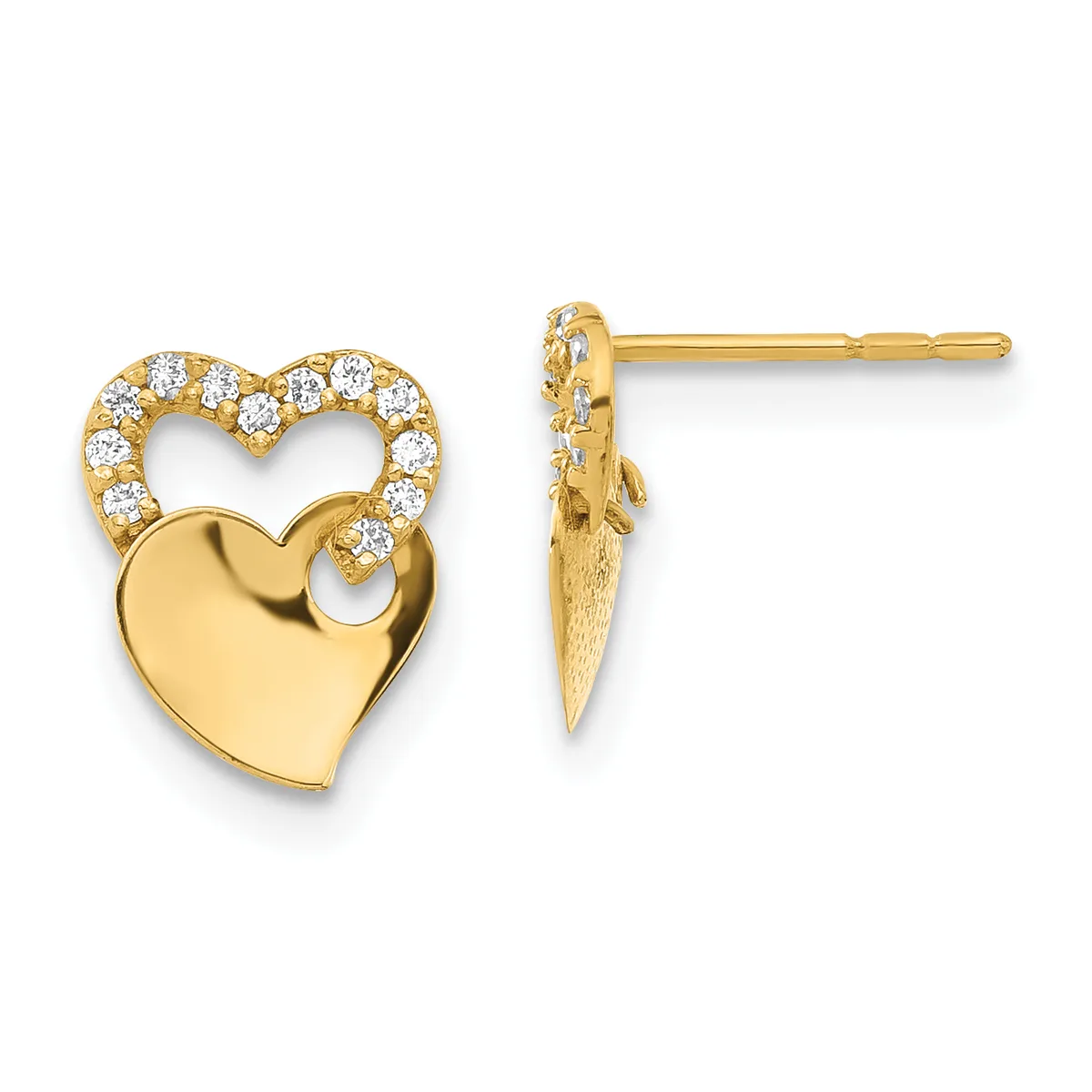Pair of gold heart stud earrings featuring a solid polished heart with an open heart outline above it set with small diamonds.
