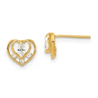 Pair of gold heart-shaped stud earrings with marquise-cut clear stones in the center and round accent stones on the sides, shown from front and side views.
